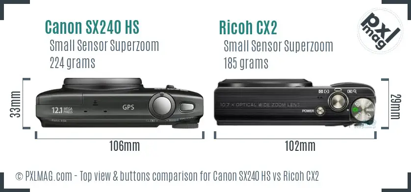 Canon SX240 HS vs Ricoh CX2 top view buttons comparison