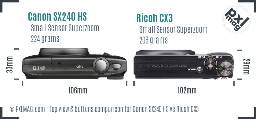 Canon SX240 HS vs Ricoh CX3 top view buttons comparison