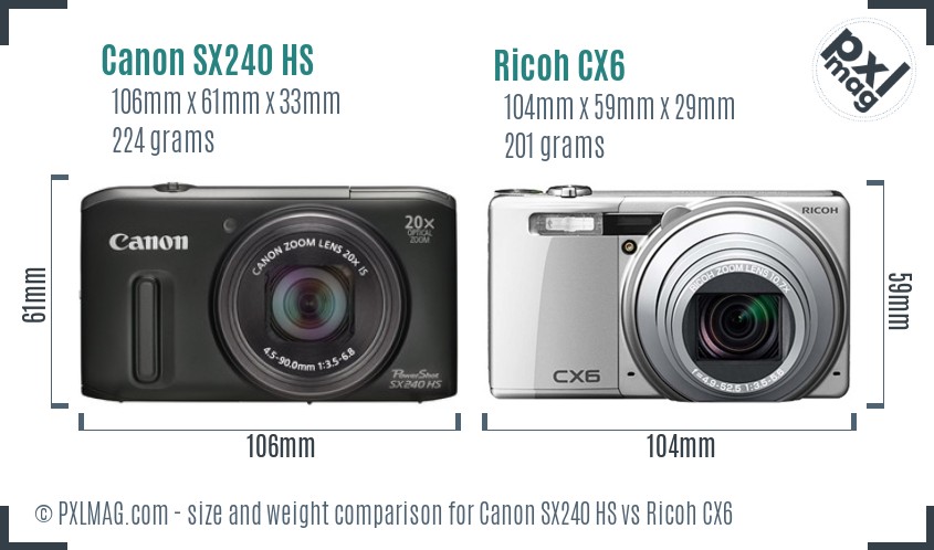 Canon SX240 HS vs Ricoh CX6 size comparison