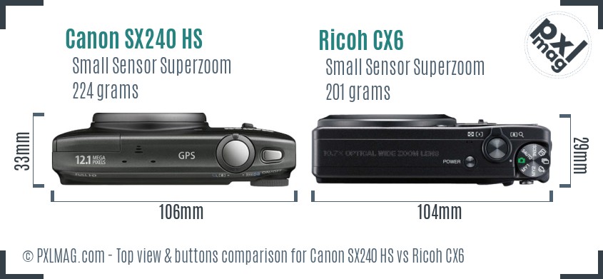 Canon SX240 HS vs Ricoh CX6 top view buttons comparison