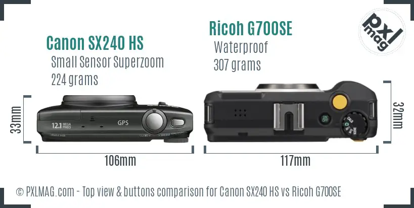 Canon SX240 HS vs Ricoh G700SE top view buttons comparison