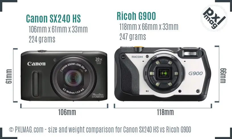 Canon SX240 HS vs Ricoh G900 size comparison