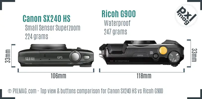 Canon SX240 HS vs Ricoh G900 top view buttons comparison