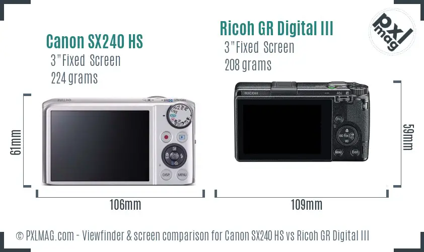 Canon SX240 HS vs Ricoh GR Digital III Screen and Viewfinder comparison