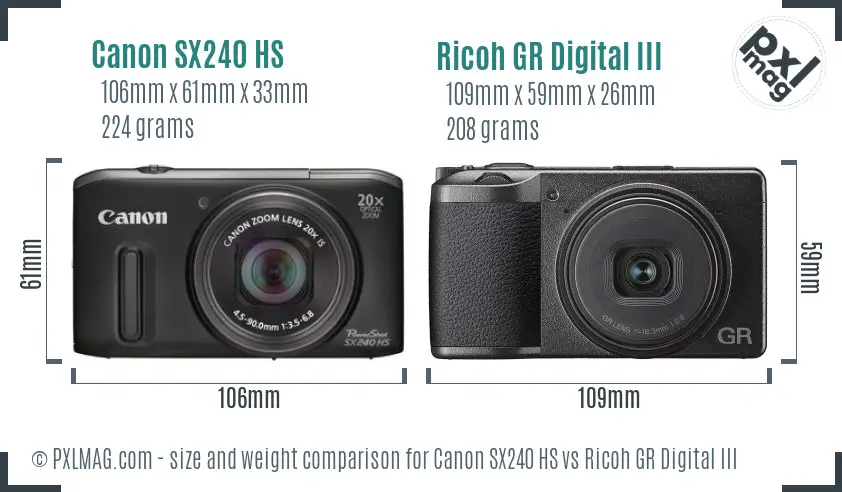 Canon SX240 HS vs Ricoh GR Digital III size comparison