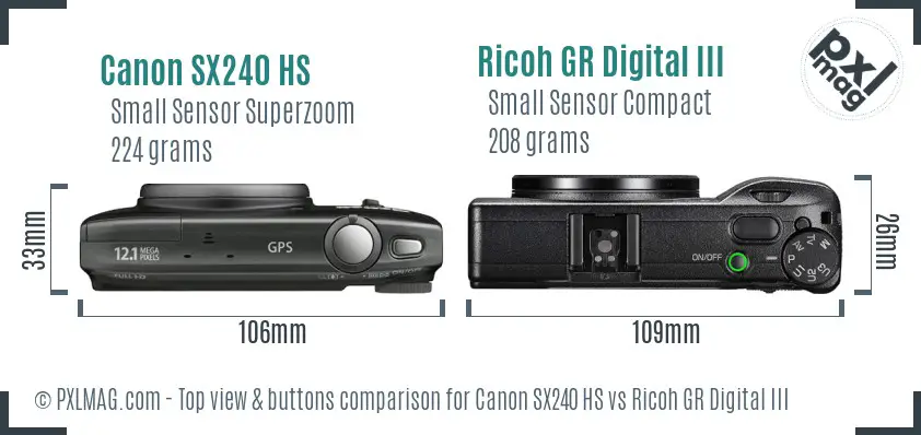 Canon SX240 HS vs Ricoh GR Digital III top view buttons comparison