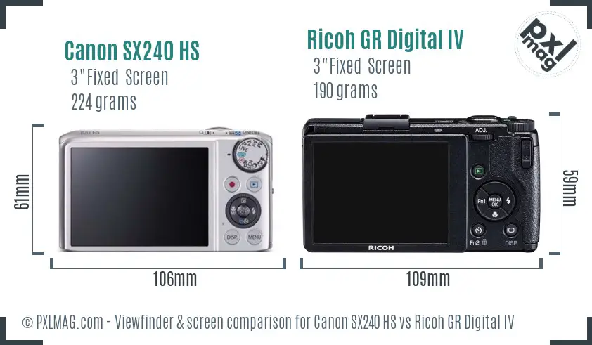 Canon SX240 HS vs Ricoh GR Digital IV Screen and Viewfinder comparison