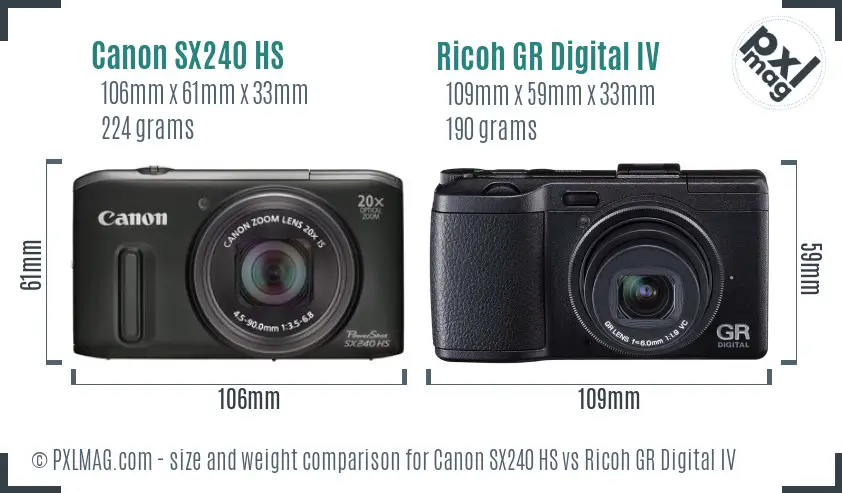 Canon SX240 HS vs Ricoh GR Digital IV size comparison