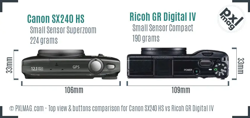 Canon SX240 HS vs Ricoh GR Digital IV top view buttons comparison