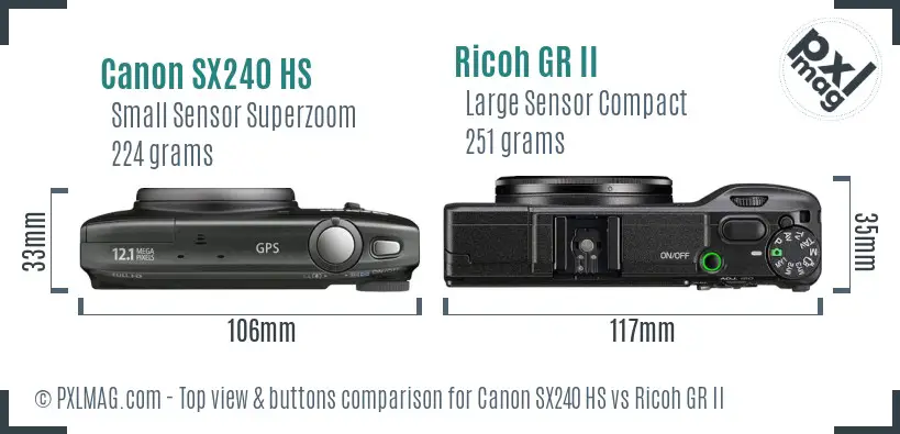 Canon SX240 HS vs Ricoh GR II top view buttons comparison