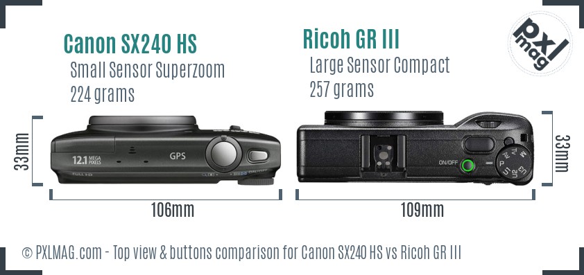 Canon SX240 HS vs Ricoh GR III top view buttons comparison