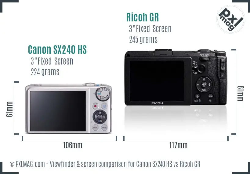 Canon SX240 HS vs Ricoh GR Screen and Viewfinder comparison