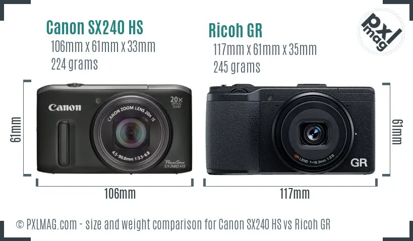 Canon SX240 HS vs Ricoh GR size comparison