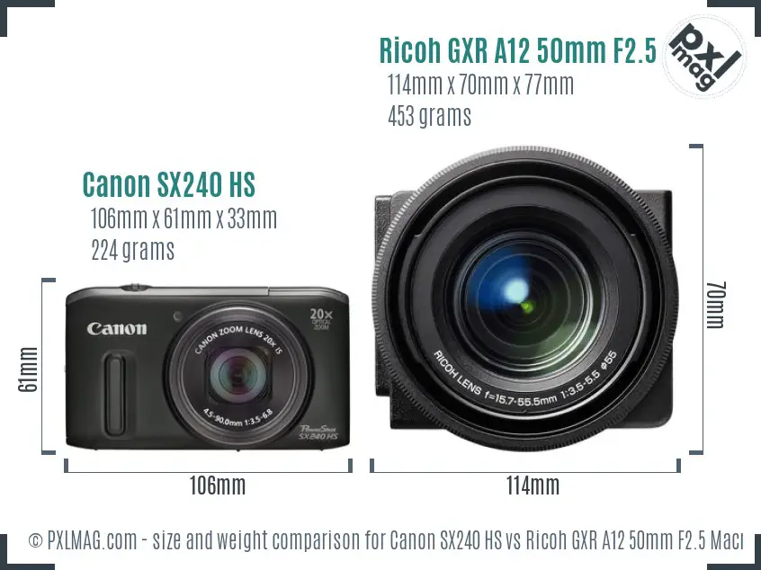 Canon SX240 HS vs Ricoh GXR A12 50mm F2.5 Macro size comparison Canon SX240 HS vs Ricoh GXR A12 50mm F2.5 Macro size comparison