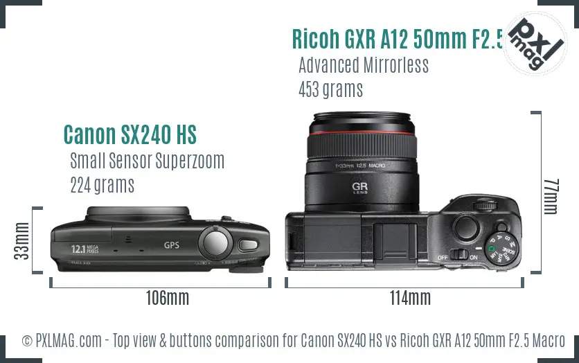 Canon SX240 HS vs Ricoh GXR A12 50mm F2.5 Macro top view buttons comparison Canon SX240 HS vs Ricoh GXR A12 50mm F2.5 Macro top view buttons comparison