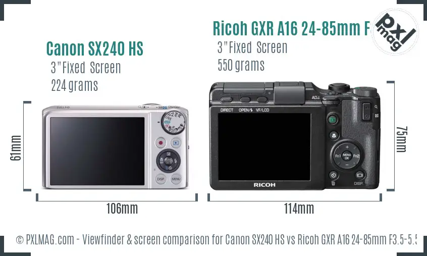 Canon SX240 HS vs Ricoh GXR A16 24-85mm F3.5-5.5 Screen and Viewfinder comparison