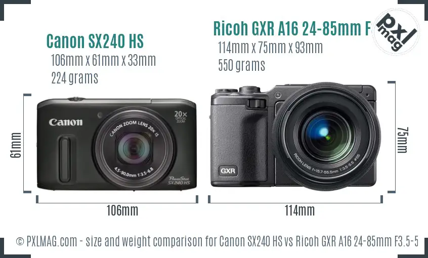 Canon SX240 HS vs Ricoh GXR A16 24-85mm F3.5-5.5 size comparison