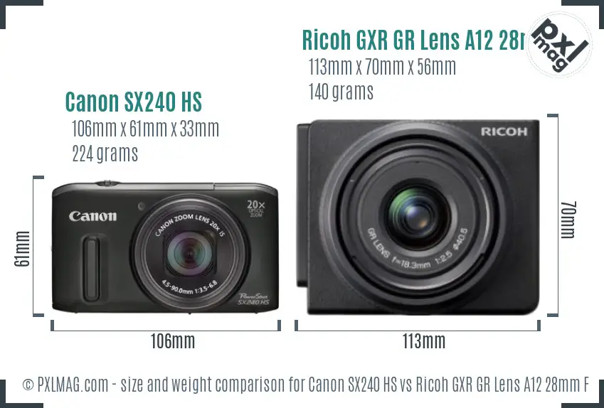 Canon SX240 HS vs Ricoh GXR GR Lens A12 28mm F2.5 size comparison