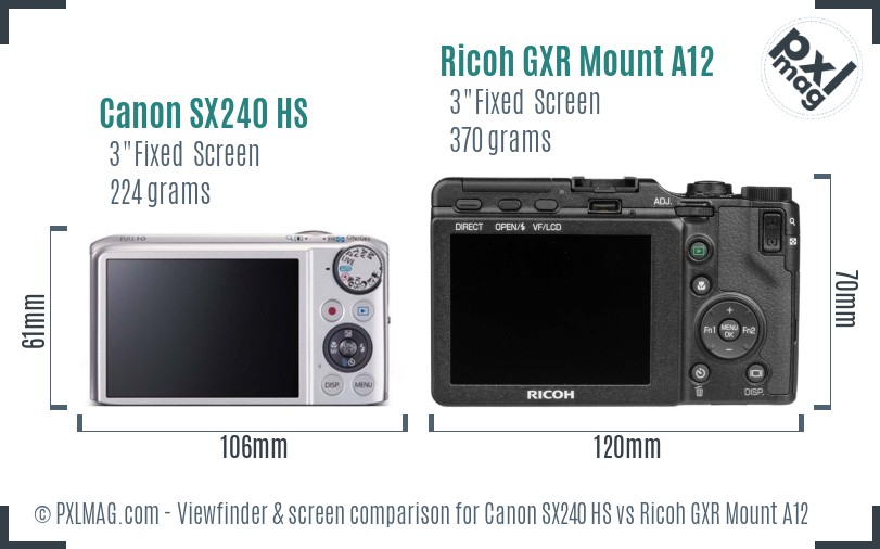 Canon SX240 HS vs Ricoh GXR Mount A12 Screen and Viewfinder comparison