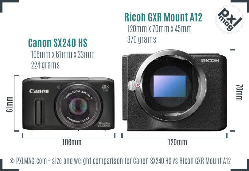 Canon SX240 HS vs Ricoh GXR Mount A12 size comparison Canon SX240 HS vs Ricoh GXR Mount A12 size comparison