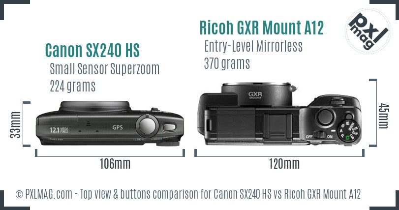 Canon SX240 HS vs Ricoh GXR Mount A12 top view buttons comparison