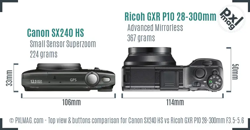 Canon SX240 HS vs Ricoh GXR P10 28-300mm F3.5-5.6 VC top view buttons comparison