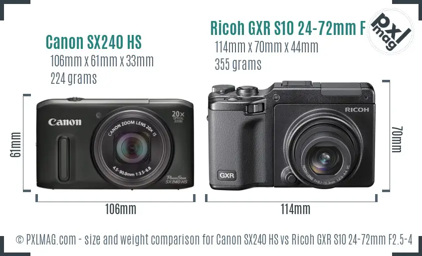 Canon SX240 HS vs Ricoh GXR S10 24-72mm F2.5-4.4 VC size comparison