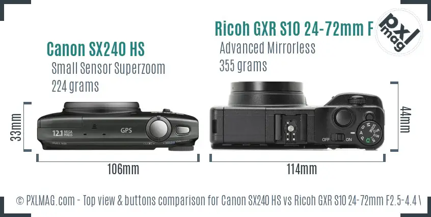 Canon SX240 HS vs Ricoh GXR S10 24-72mm F2.5-4.4 VC top view buttons comparison