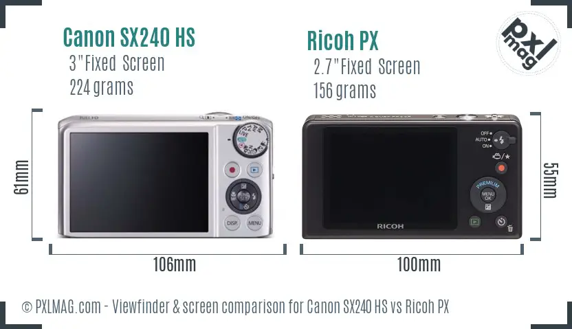 Canon SX240 HS vs Ricoh PX Screen and Viewfinder comparison