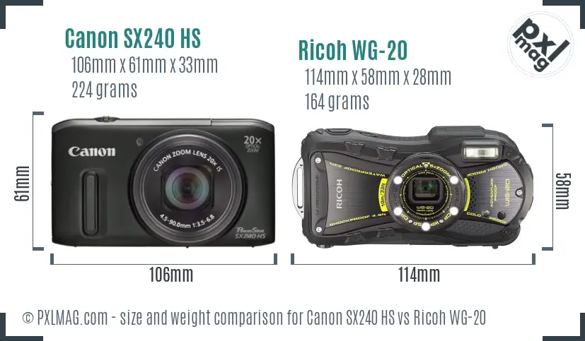 Canon SX240 HS vs Ricoh WG-20 size comparison