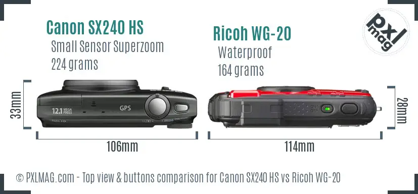 Canon SX240 HS vs Ricoh WG-20 top view buttons comparison