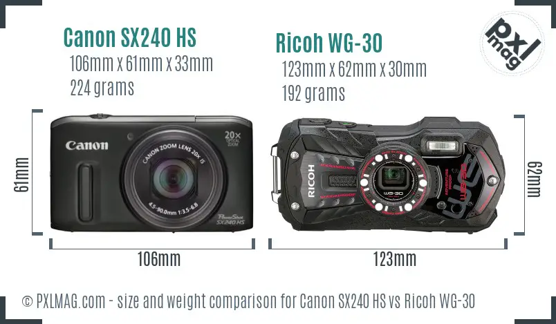 Canon SX240 HS vs Ricoh WG-30 size comparison