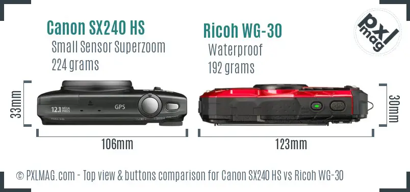 Canon SX240 HS vs Ricoh WG-30 top view buttons comparison