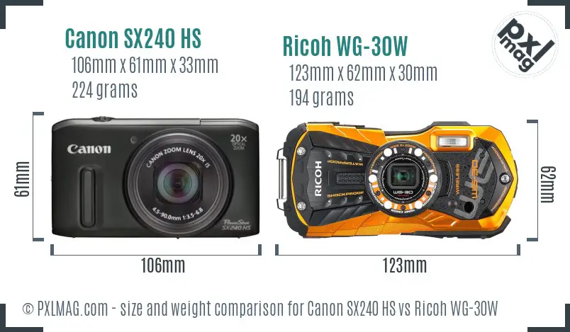Canon SX240 HS vs Ricoh WG-30W size comparison