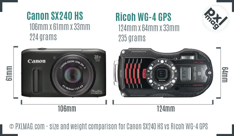 Canon SX240 HS vs Ricoh WG-4 GPS size comparison