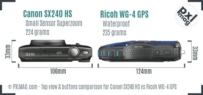 Canon SX240 HS vs Ricoh WG-4 GPS top view buttons comparison