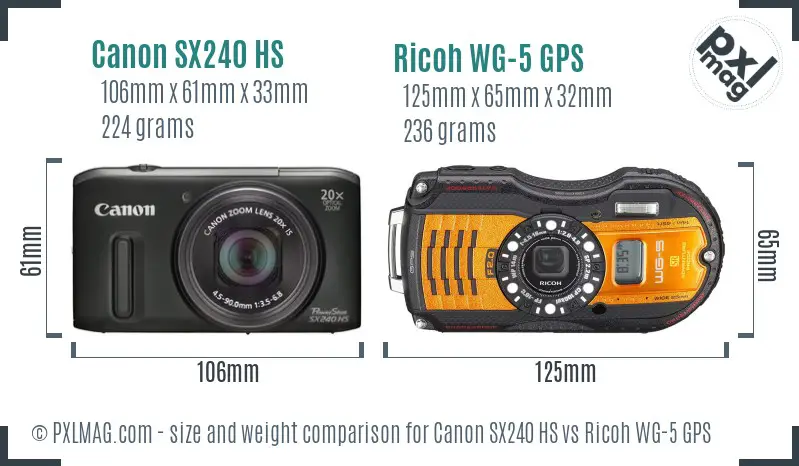 Canon SX240 HS vs Ricoh WG-5 GPS size comparison