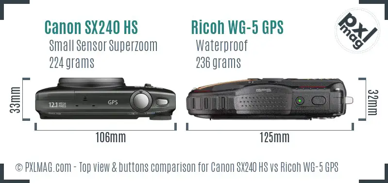 Canon SX240 HS vs Ricoh WG-5 GPS top view buttons comparison