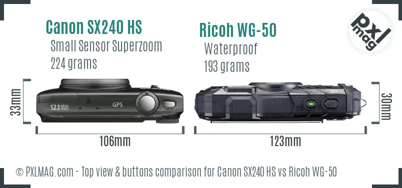 Canon SX240 HS vs Ricoh WG-50 top view buttons comparison