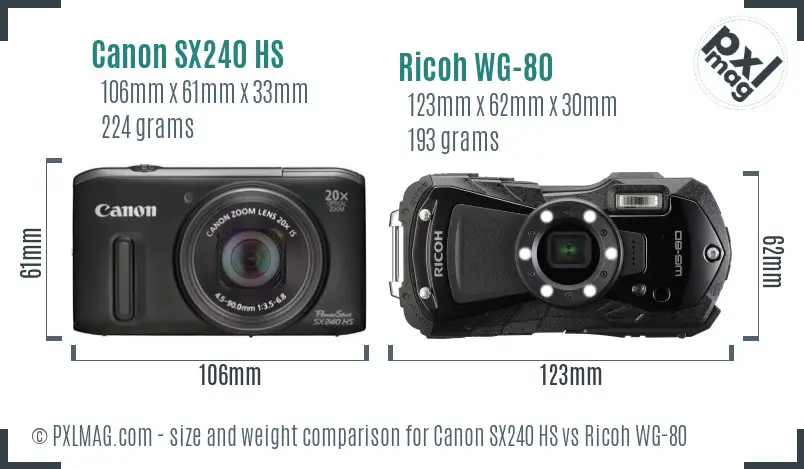 Canon SX240 HS vs Ricoh WG-80 size comparison