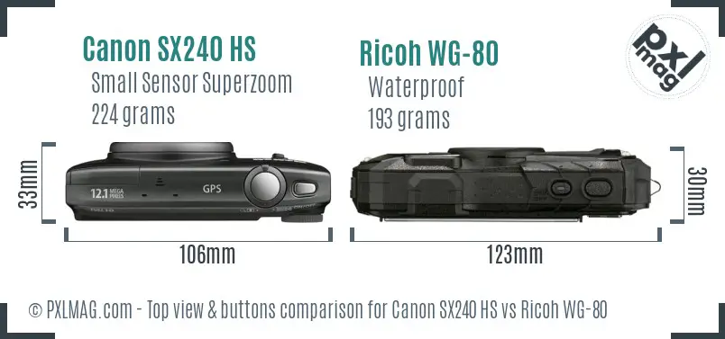 Canon SX240 HS vs Ricoh WG-80 top view buttons comparison