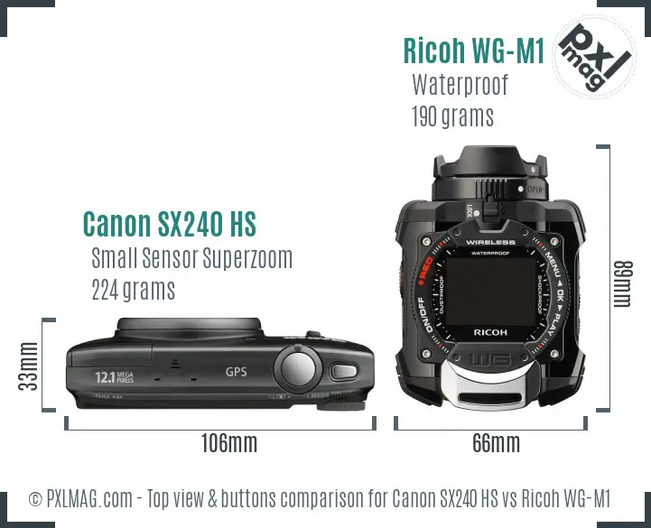 Canon SX240 HS vs Ricoh WG-M1 top view buttons comparison
