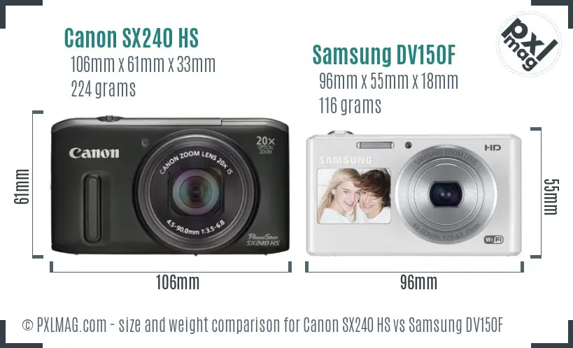 Canon SX240 HS vs Samsung DV150F size comparison