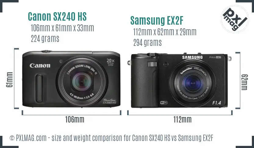 Canon SX240 HS vs Samsung EX2F size comparison