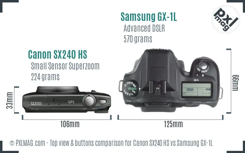 Canon SX240 HS vs Samsung GX-1L top view buttons comparison
