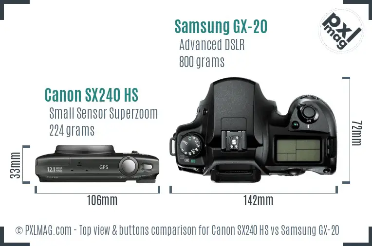 Canon SX240 HS vs Samsung GX-20 top view buttons comparison Canon SX240 HS vs Samsung GX-20 top view buttons comparison