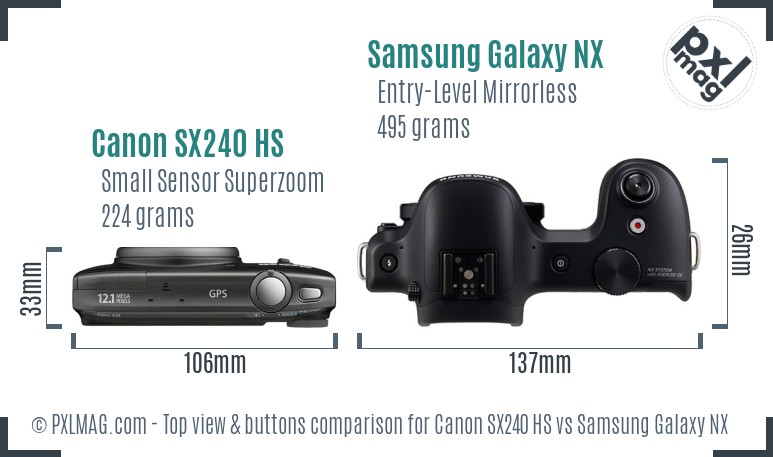 Canon SX240 HS vs Samsung Galaxy NX top view buttons comparison