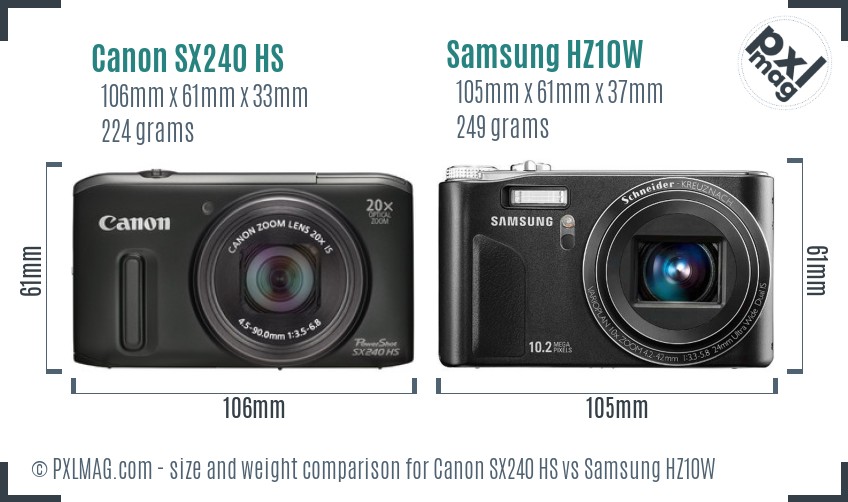 Canon SX240 HS vs Samsung HZ10W size comparison