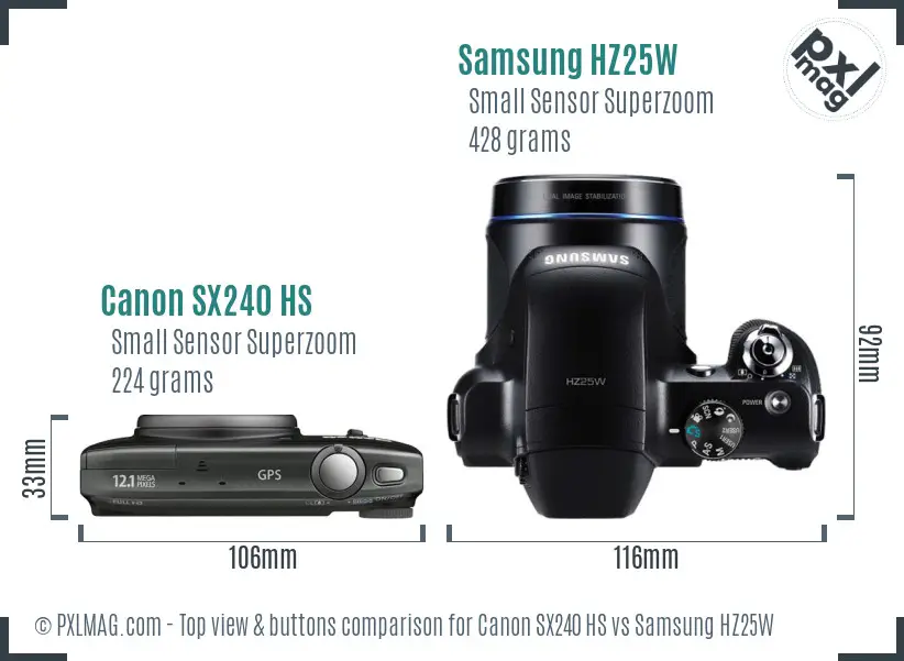 Canon SX240 HS vs Samsung HZ25W top view buttons comparison Canon SX240 HS vs Samsung HZ25W top view buttons comparison