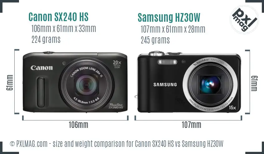 Canon SX240 HS vs Samsung HZ30W size comparison